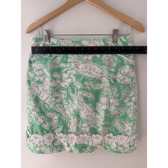 Lilly Pulitzer Skirt Size 6 Green Floral Beach Print White Floral Lace, Pockets - Picture 8 of 9